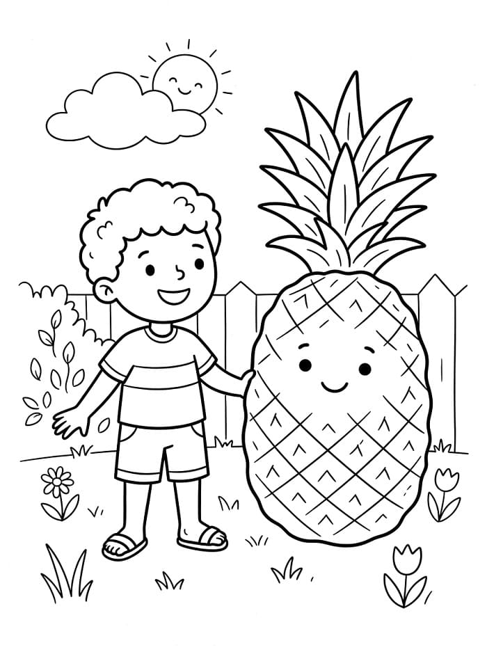 Jongen en grote ananas