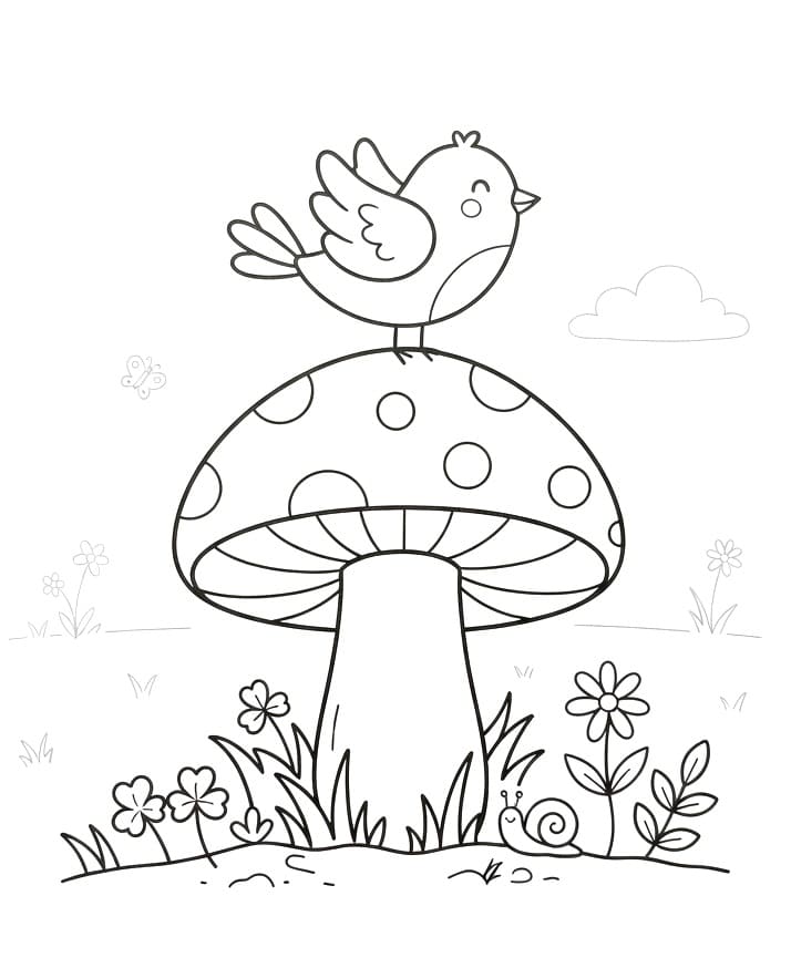 Schattig vogeltje en paddenstoel