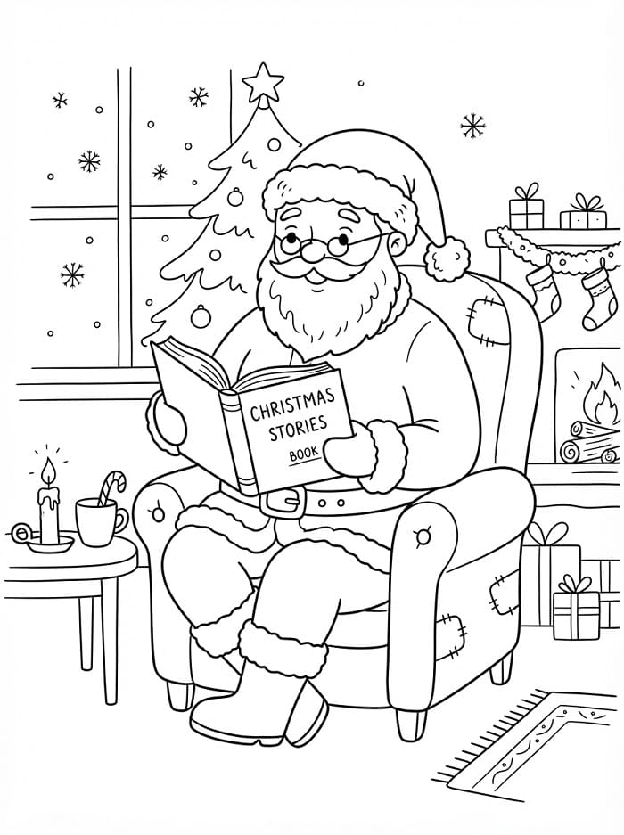 Kerstman die een boek leest