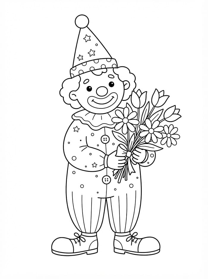 Clown houdt bloemen vast