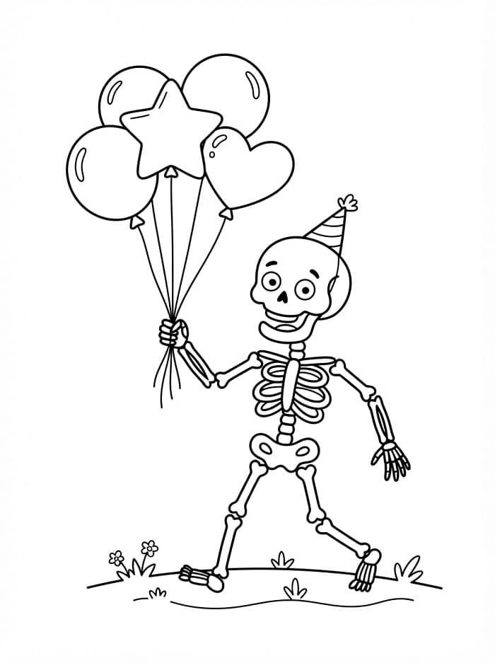 Skelet houdt ballonnen vast